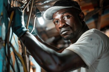 Male electrician installing and repairing wires