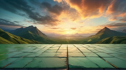 Empty square floor and green mountain with sky clouds at sunset. Panoramic view, adorned with wispy clouds, forming a captivating panoramic tableau of nature's beauty - obrazy, fototapety, plakaty