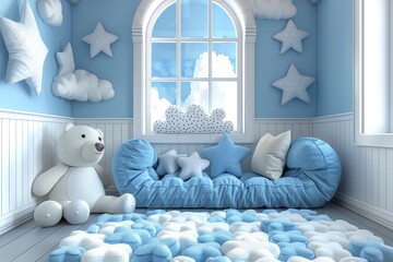 A bright and whimsical children’s room with playful cloud elements, plush bear, and fluffy blue seating area