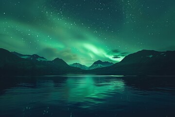 Naklejka premium KS Beautiful northern lights over a lake with reflection