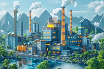 Illustration of eco-friendly factory using hydrogen energy for production, Vibrant industrial scene, with orange hues highlighting  facility's structures, nestled among green foliage and calm waters