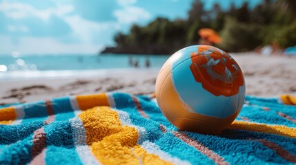 Beach ball 3d handmade style bouncing off a beach towel, colorful