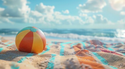 Fototapeta na wymiar Beach ball 3d handmade style bouncing off a beach towel, colorful