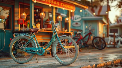 Beach cruiser 3d handmade style parked near a concession stand, colorful