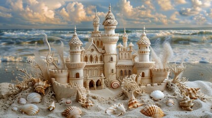 Sandcastle 3d handmade style adorned with seashells and seaweed, colorful - obrazy, fototapety, plakaty