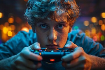 A young teenager intensely focused on playing a video game with controller in hand