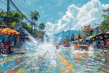 Splash-filled street scene during a festive water festival. Lively community celebration concept for cultural event posters and travel promotion