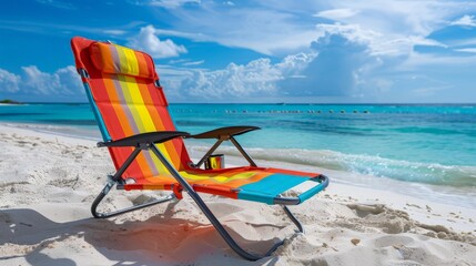 Beach chair 3d handmade style with a built-in cup holder, at the tropical sandy beach - obrazy, fototapety, plakaty