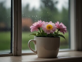 Radiant Raindrops: Captivating Flower Petals Adorn an Elegant Ceramic Mug by the Window