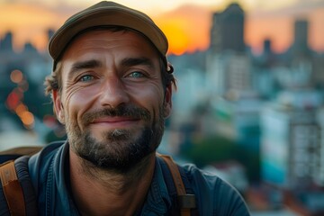 Portrait of smiling man in 30s wearing cap against city skyline. Concept Portrait Photography, Smiling Man, 30s, Urban Landscape, Stylish Caps