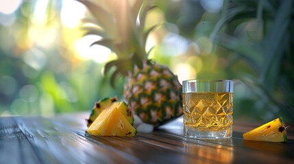 a beautiful and hyper realistic visual to promote a small shooter glass of rum flavoured with pineapple - obrazy, fototapety, plakaty