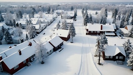 Aerial view of small village in winter forest with snow covered houses