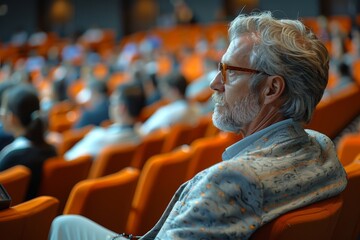 An audience member viewed from behind, attending an event in an auditorium with orange seats