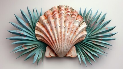 Obraz premium Seashell 3d handmade style framed by palm fronds, colorful