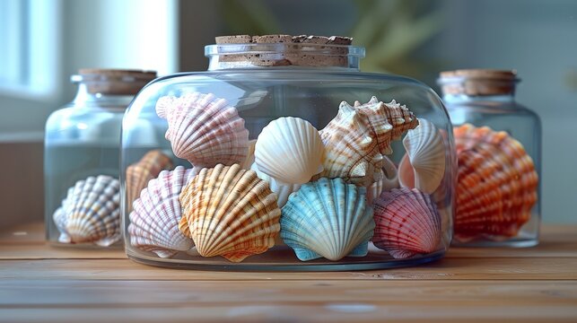 Seashell 3d handmade style collection displayed in a glass jar, colorful