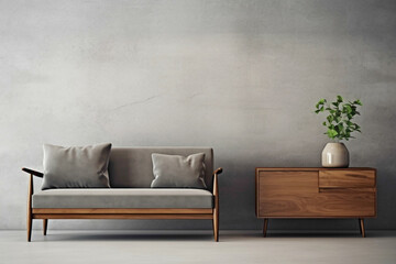 Picture a modern living room with wooden furniture against a textured concrete background. A blank...