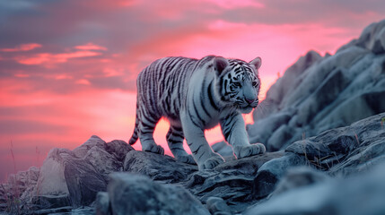 Filhote de tigre albino no topo de uma montanha ao por do sol rosa - obrazy, fototapety, plakaty