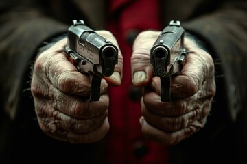 An impactful close-up image showcasing a pair of pistols held firmly by the wrinkled hands of an elderly person