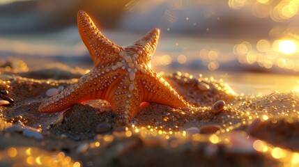 Starfish 3d clay style crawling on the sand in summer beach