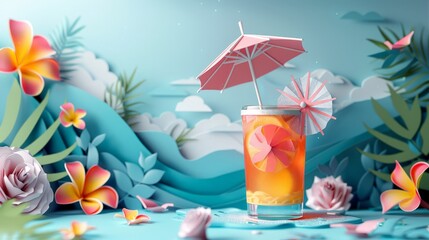 Fototapeta na wymiar Beach cocktail 3d handmade style garnished with a paper umbrella, colorful