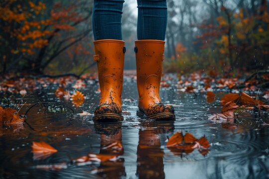 A vibrant image capturing a person wearing bright yellow rain boots standing in a reflective water puddle among fallen autumn leaves