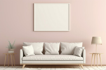 Picture a minimalist arrangement featuring a beige and Scandinavian sofa and a white blank empty frame for copy text, against a soft color wall background.