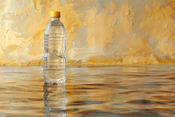A plastic water bottle with a yellow cap stands on a reflective surface with a golden textured...