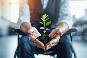 Home gardening, Plant sprout cradled in businessman's hands, concept of growth, investment in future. Blurred background emphasizes focus on young plant, responsible stewardship, sustainability.