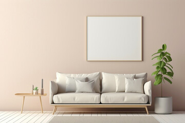 Picture a minimalist arrangement featuring a beige and Scandinavian sofa accompanied by a white blank empty frame for copy text, against a soft color wall background.