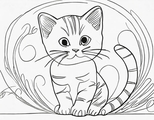 Black line drawing of one kitten, simple thick line drawing, illustration.