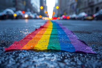A vibrant rainbow-colored paint streak on wet asphalt signifies diversity against an urban backdrop with bokeh lights