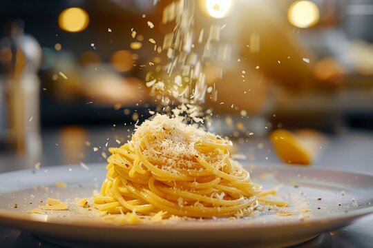 Carbonara, Parmesan sprinkle, golden hour, side shot, gourmet, velvety texture , 8K Ultra HD