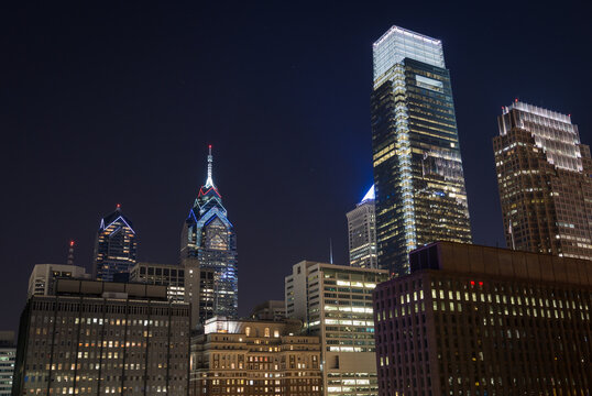 Fototapeta Philadelphia skyline at night with urban architecture.