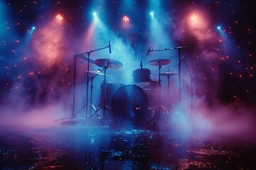 A drum kit bathed in atmospheric blue and purple lights with a smoky background, capturing the essence of a live concert - obrazy, fototapety, plakaty
