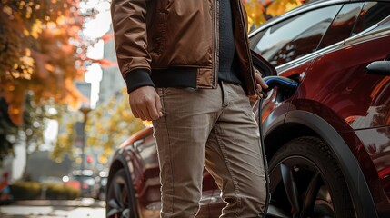 Obraz premium Midsection of man plugging in cable while charging electric car