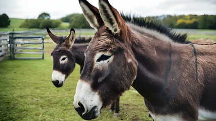 Serene Donkeys Grazing in Pastoral Farmland. Concept Animals, Wildlife, Farm life, Pastoral views, Donkeys