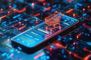 Mobile phone and shopping trolley in neon colors for online shop concept. Generate AI image - obrazy, fototapety, plakaty