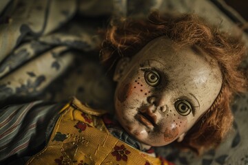 Creepy doll turning its head, dimly lit nursery, no people, macro view , Hyper-Realism