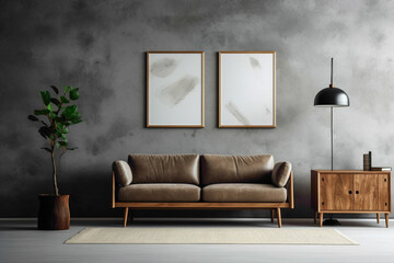 Picture a chic living room featuring wooden furniture against a textured concrete wall. A vacant...
