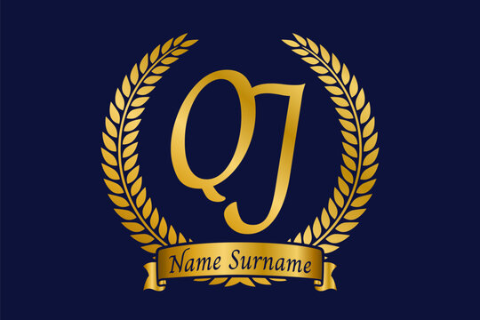 Initial letter Q and J, QJ monogram logo design with laurel wreath. Luxury golden calligraphy font.
