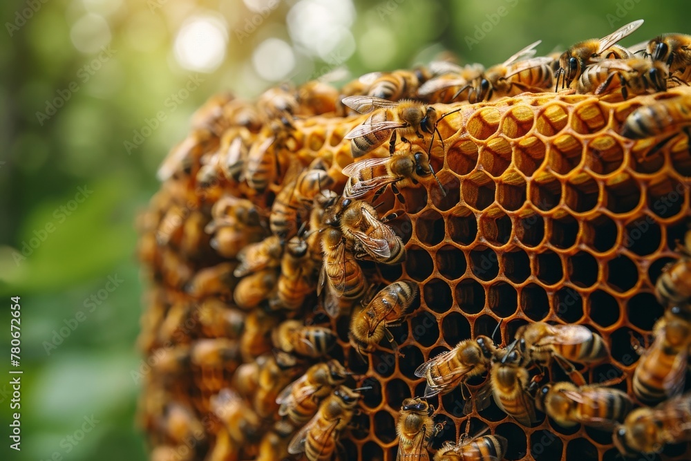 Aufkleber an image full of movement as a dense group of honeybees work in unison on the hexagonal cells of the