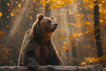 In this stunning image, a brown bear is captured in a contemplative pose amidst a glowing autumn forest, the golden light filtering through - obrazy, fototapety, plakaty
