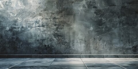 Grey textured concrete wall with tiled floor. A banner with copy space