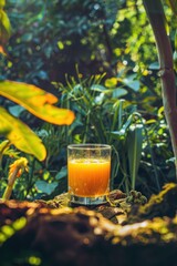 A refreshing glass of cold-pressed carrot juice set against a backdrop of wood and lush green plants, exuding a natural and healthy ambiance.