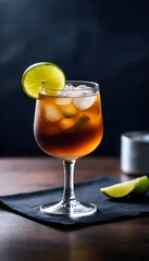 Dark and stormy cocktail with lime in glasses, ginger root, on table, nordic living room, modern, smokeless, dark atmosphere, low dop. generated with AI
