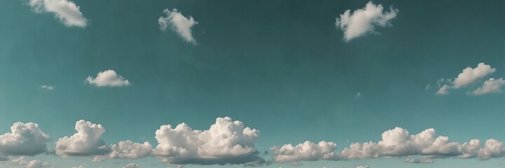 plain light green pastel concrete wall background with white puffy clouds panoramic wide angle view...