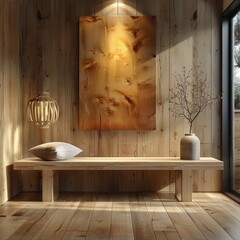 A modern wooden interior featuring a blank wall, offering a clean and minimalist aesthetic with warm and natural tones.