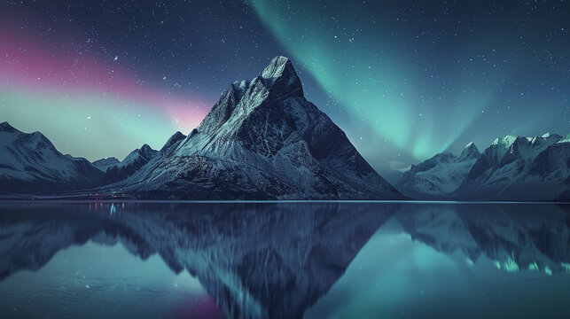 Aurora Borealis, Mountain peak reflected