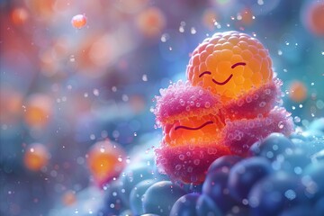 A cheerful insulin molecule hugs a glucose molecule, a creative representation of diabetes management at the cellular level