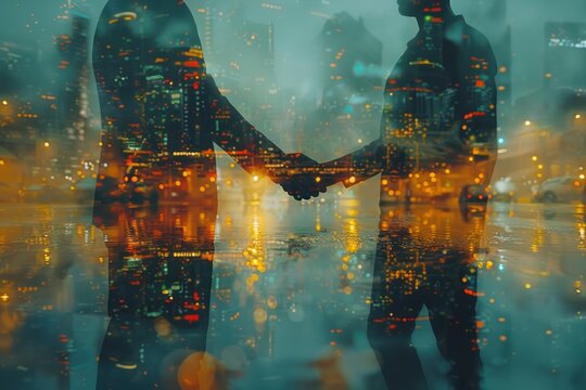 Double exposure of a couple holding hands with vibrant city lights. - Powered by Adobe